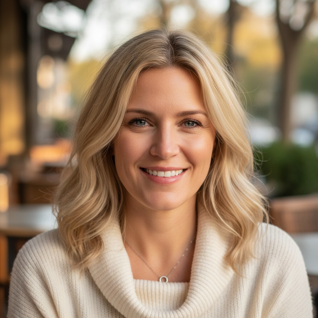 A blond woman smiles at the camera while wearing a white turtleneck sweater.
